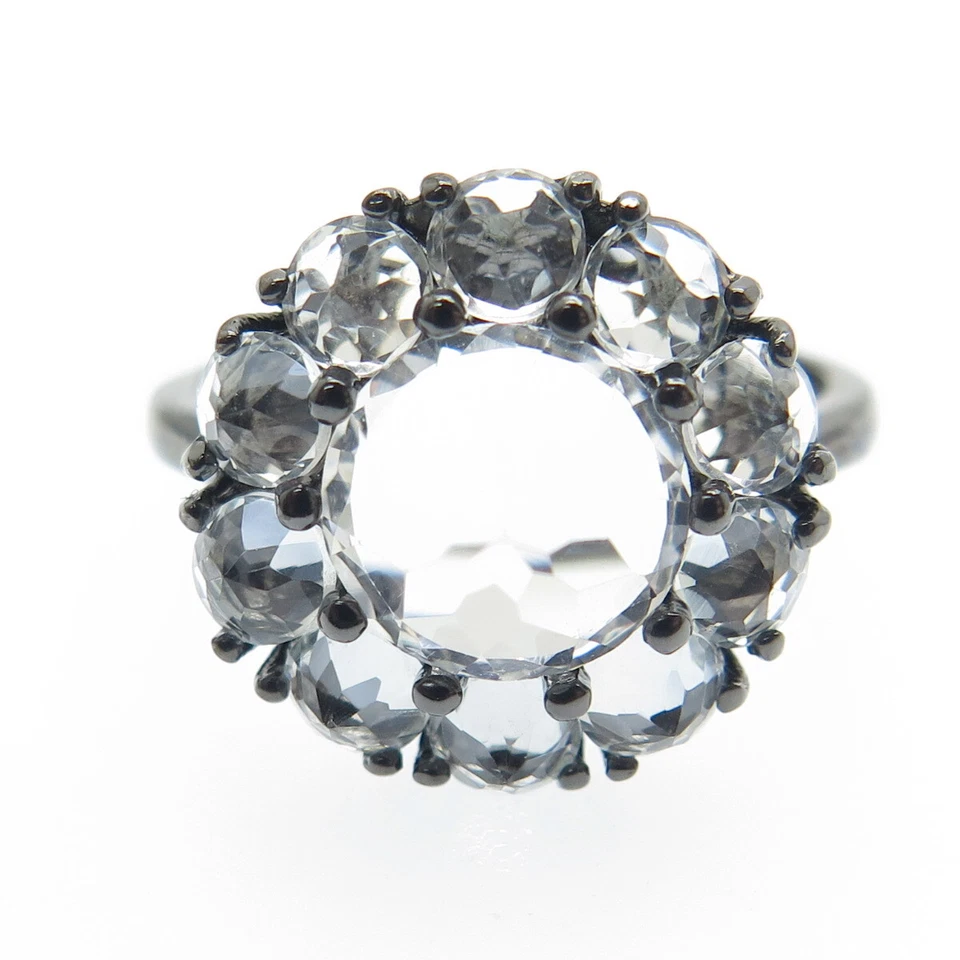 Anillo con racimo de gemas de topacio blanco real rodio negro de plata de ley 925 talla 7,25 Foto 3 de 4