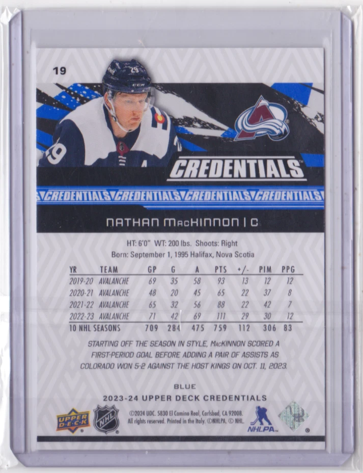 2023-24 UD CREDENTIALS BLUE BASE PARALLEL /149 NATHAN MacKINNON #19 AVALANCHE - Image 2 of 2