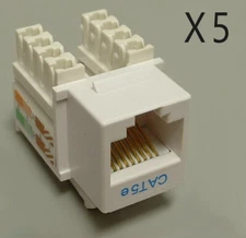 5 Pack Lot - CAT5e Keystone RJ45 110 Punch Down Keystone Snap-In Jack - White