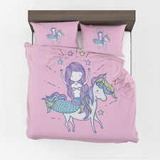 Mermaid riding Unicorn Comforter or Duvet Cover girls bedding pink bedding