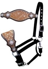 BRONC HALTER Black Nylon Leather Noseband Hair-On COWHIDE Silver Bead Rhinestone