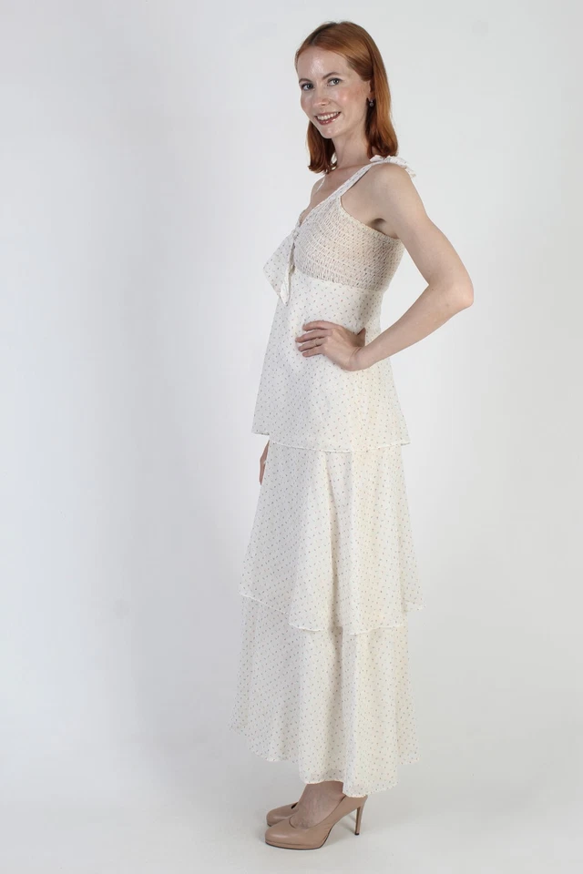 Vestido Solero De Colección Roberta Corbata Hombro Calado Años 70 Calico Hanky Vestido Pradera en Niveles Foto 4 de 4