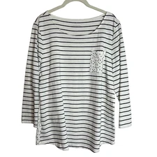 Talbots Womens Knit Top Large White Striped Polka Dot 100% Cotton 3/4 Sleeve