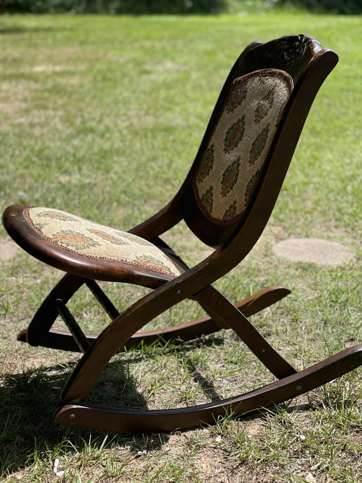Vintage Antique Folding Wooden Rocking Chair Carved Floral Tapestry
