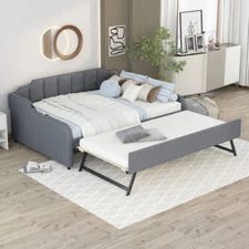 Full Size Upholstered Daybed w/ Pop Up Trundle Sofa Bed Wood Platform Bed Frames