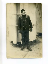 Antique RPPC photo postcard, smiling man in work clothes, sailor I think