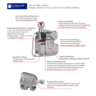 AZDENT Self-Ligating Orthodontic Bracket Kit - Roth .022 Hooks 3-4-5 & 1st Molar Buccal Tube