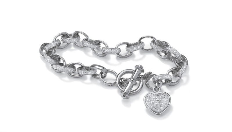 DIAMOND ACCENT HEART CHARM BRACELET STERLING SILVER 7.25