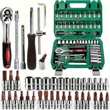 53-piece professional car repair tool kit, compact and portable for home repair.