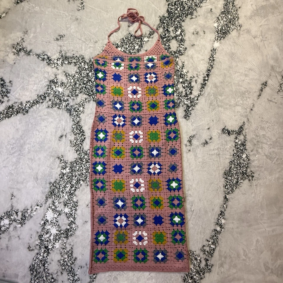 Vestido Cuadrado Forever 21 Granny Mujer Talla L Rosa Multicolor Midi Cam Crochet Foto 2 de 4