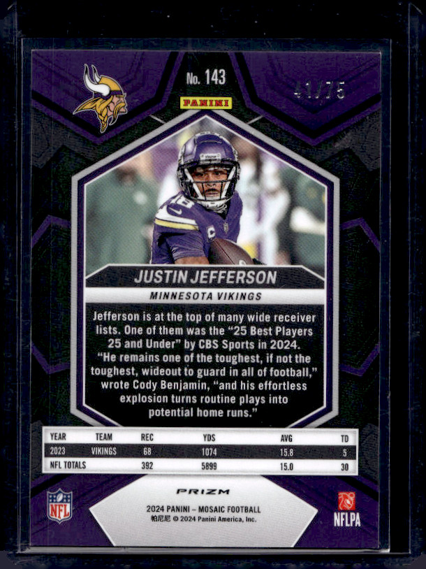 2024 Panini Mosaic Justin Jefferson Blue No Huddle Disco #41/75