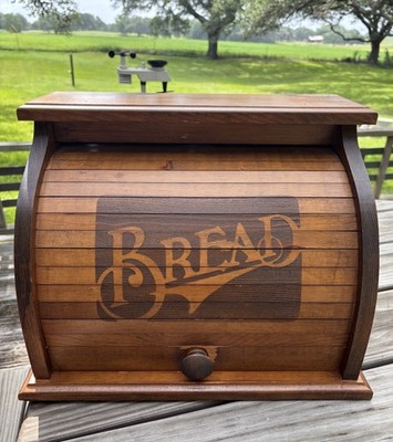 Vintage MCM Wood Roll Top Bread Box  BREAD  Lettering Primitive Farmhouse