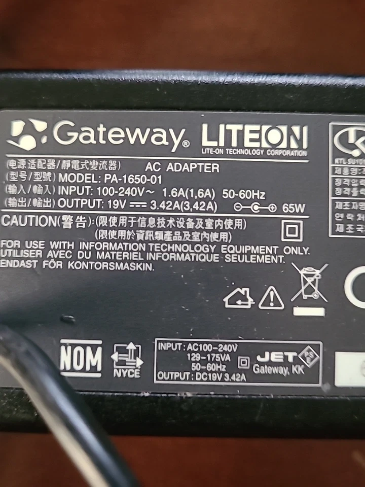 (4) Gateway LiteOn Laptop Charger AC Adapter Power Supply PA-1650-01 65W 19V - Image 3 of 3