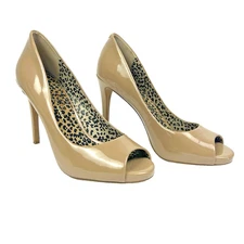 Jessica Simpson Saras Sand Nude Patent Leather Peep Toe High Heels Pumps Sz 7.5
