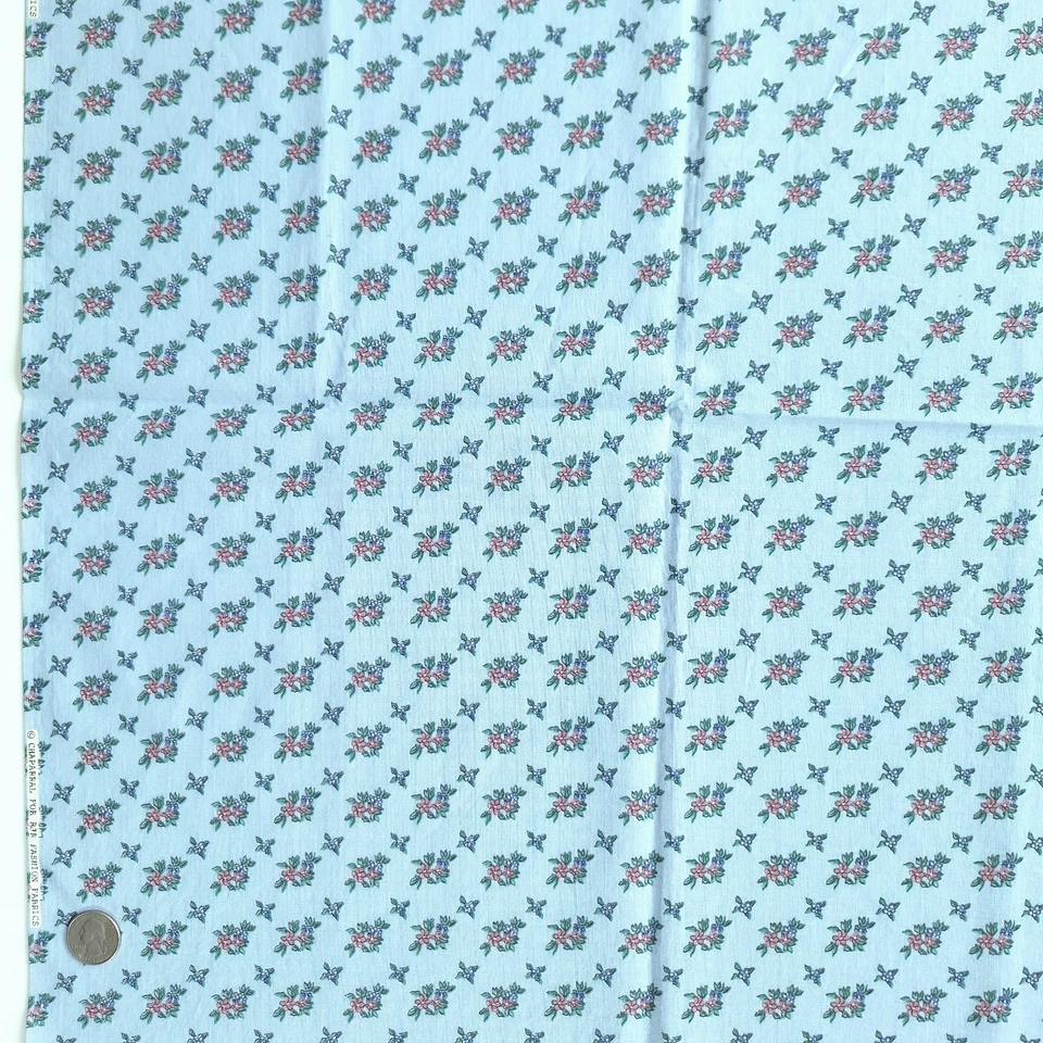 VTG Tiny Pink Purple Flowers On Blue Small Print Cotton RJR Fabrics 20"L x 44"W - Image 2 of 4