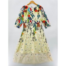 Vicky and Lucas Women's Dress Medium Beige Floral Fit and Flare Embroidered Maxi