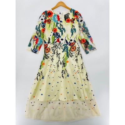 Vicky and Lucas Women's Dress Medium Beige Floral Fit and Flare Embroidered Maxi