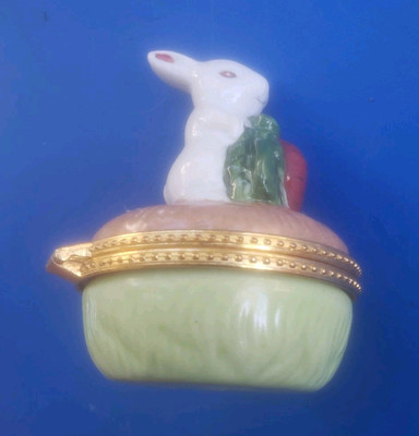 Vintage Ceramic Bunny Rabbit with Carrot Trinket Box 