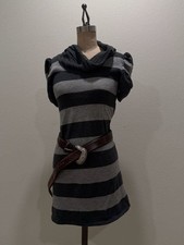 Gray and Black Striped Cowl Neck Knit Sweater Dress with Puff Sleeves