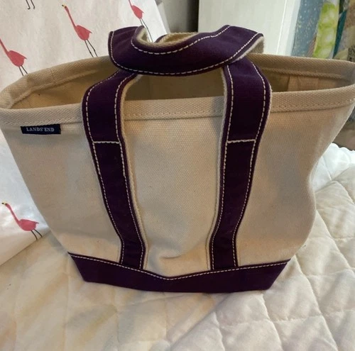 Lands End Natural And Purple Open Top Canvas Medium Tote Bag 13x9