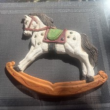 Vintage Hand Carved Christmas Themed Wooden Rocking Horse Wall Hanging
