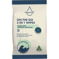 CleanLIFE 2 In 1 Plastic Free Wipes Hand and Surface Sanitiser 15 Pack