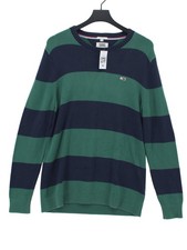 Tommy Hilfiger Men's Jumper M Blue Striped 100 Cotton Crew Neck Pullover