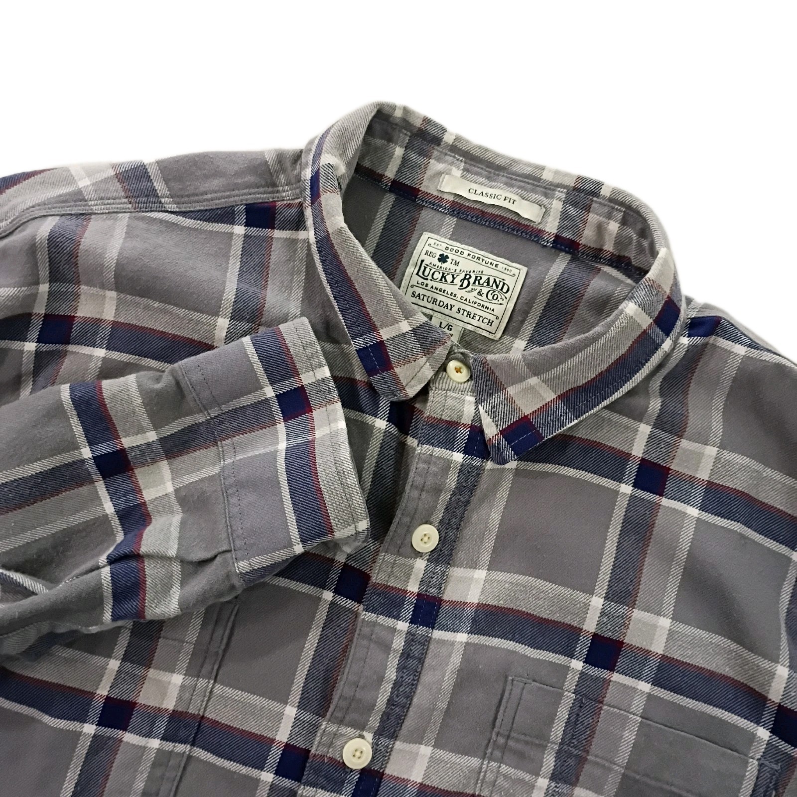 Lucky Brand Flannel Shirt Mens L Blue Gray Plaid Saturday St