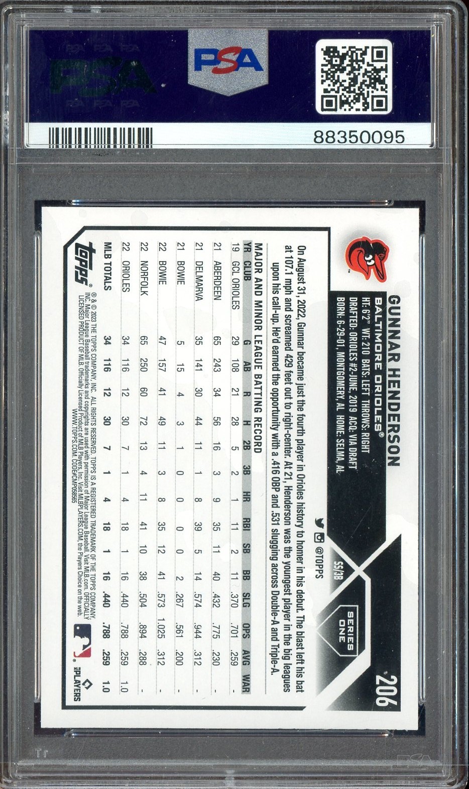 2023 Topps #206 Gunnar Henderson Baltimore Orioles RC Rookie PSA 10 GEM MINT view 2