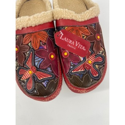 Laura Vita Leather Clogs Floral/Butterfly Shearling Lined Size 9.5-NEW-RARE