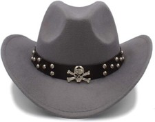 Gray Western Skull Cowboy, Cowgirl Hat, Skull Strap, Men Women Retro Wide Brim
