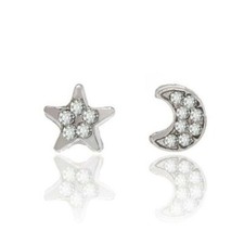 Boho Minimalist Silver Tone Crescent Moon Star Rhinestone Small Stud Earrings