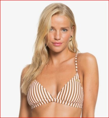 Roxy Womens XS Printed Beach Classics Tri-Bikini Top Golden Tan Stripe Swimsuit