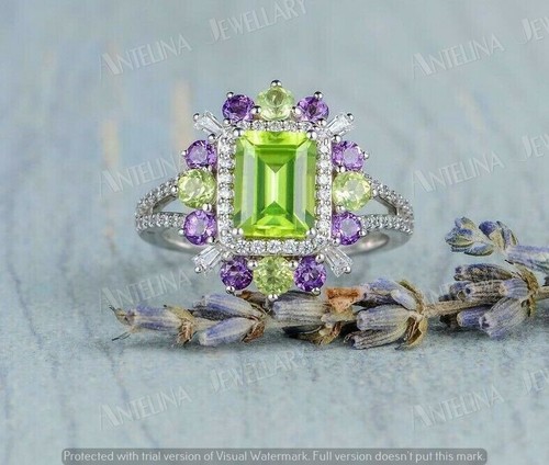 2.50Ct Emerald Lab-Created Peridot Engagement Ring 14K White Gold Plated - Picture 4 of 11