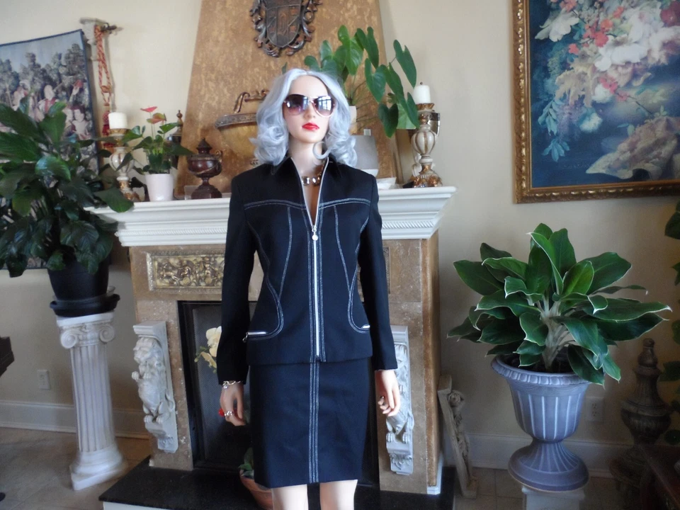 Traje Falda Versace Couture Lana Negra con Puntada Trapunto Plateada Talla EU 44- US 8 Foto 3 de 4