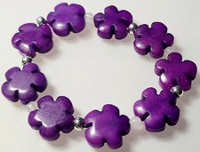 Deep Purple Flower Shaped Quartzite And Silver Stretchy Bracelet