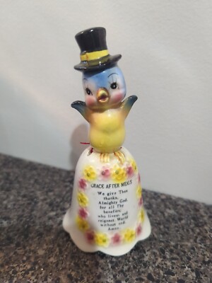 Vintage Grace After Meal Bell Anthropomorphic Bird Blue Top Hat