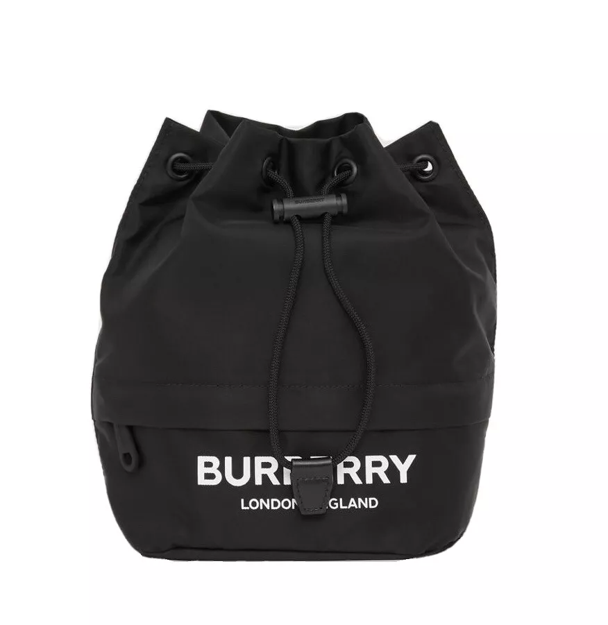 NWT 480 Burberry Mini Logo Print Nylon Drawcord Pouch Black