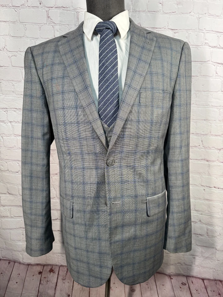 Chaleco Traje 40L Chaqueta 34x28 Hombre Gris GLEN CUADROS Lana REG FIT Cuadros 3 piezas Foto 2 de 4