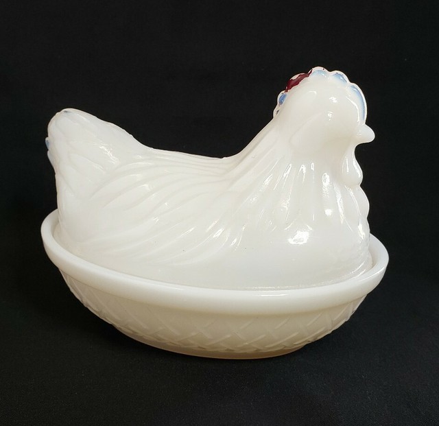 White Milk Glass Chicken Hen nesting trinket Covered Candy Dish red