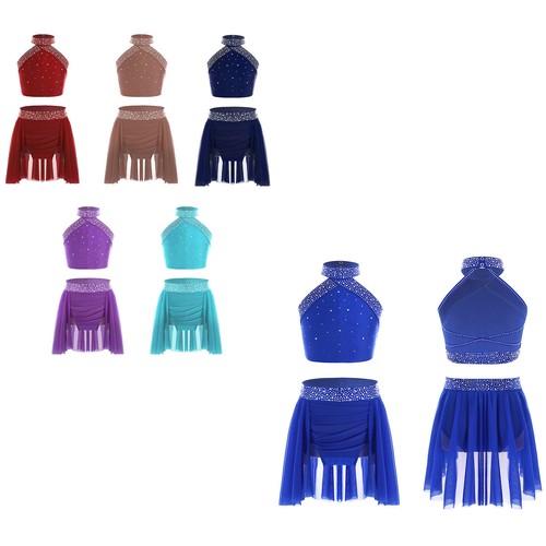 UK Girls Lyrical Dance Costume 2 Pc Halter Backless Crop Top with Skirt Outfit - Picture 5 of 105