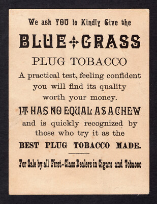 Vintage 1885 Blue Grass Plug Tobacco Creepy Baby Diaper Feather Trade Card 