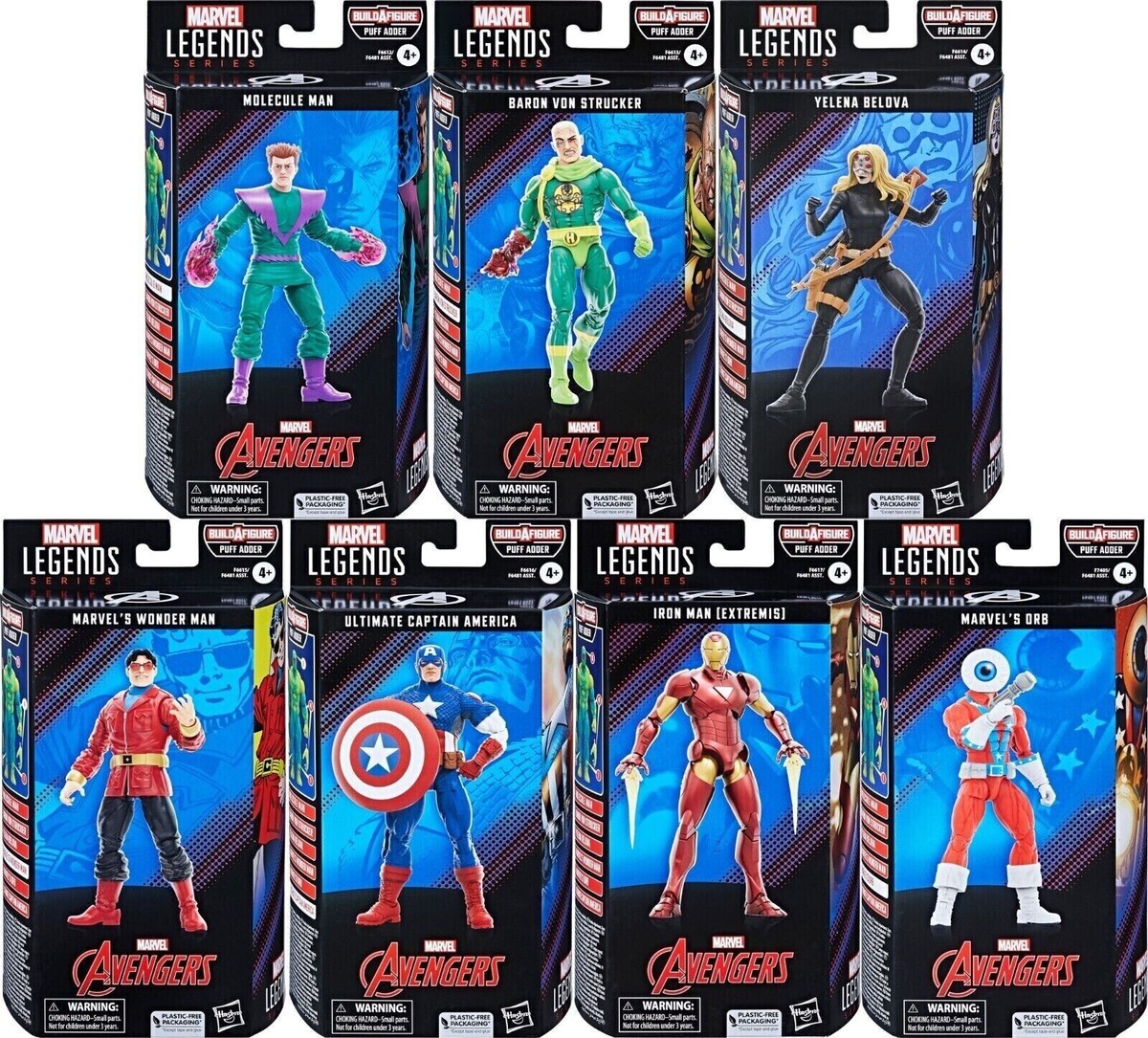 HASBRO MARVEL LEGENDS AVENGERS COMICS SET OF 7 + 1 BAF PUFF ADDER