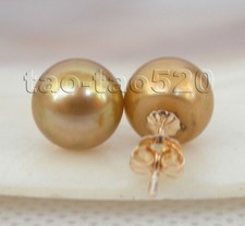 Genuine 9mm round coffee freshwater pearls Earrings 14KT stud c2353t