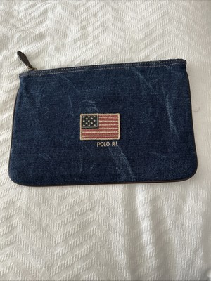 Polo RL  Ralph Laruren Flag Demin Leather Clutch Card Case Handbag - 11 X 8 -NWT