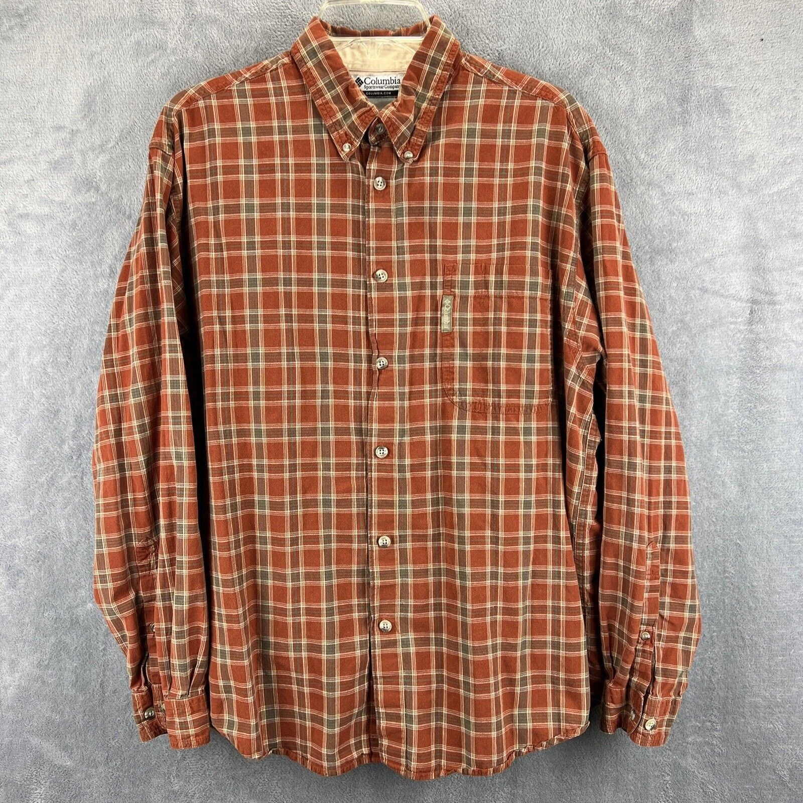 Columbia Sportswear Shirt Men Extra Large Burnt Orange Gray Plaid Button Down LS