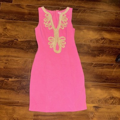 Lilly Pulitzer Janice Shift Dress Hotty Pink Gold Soutache Stretch Size S  c882