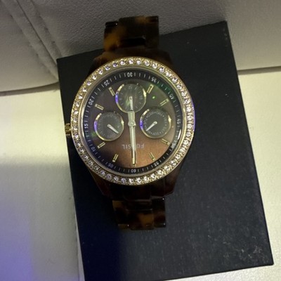 Fossil Women's Analog Wristwatch Brown Resin Band Gold Diamond Bezel Date/Day