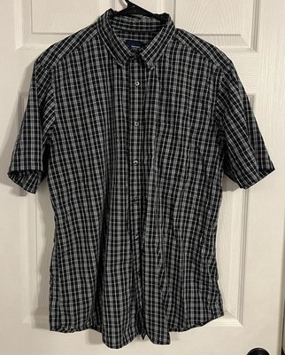 Basic Editions Classic Fit Men s Large Plaid Button Up Black & Blue Short Sleeve