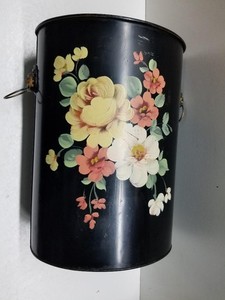 Vintage Floral Hand Painted Black Metal Tole Waste Basket Lion Head Handles